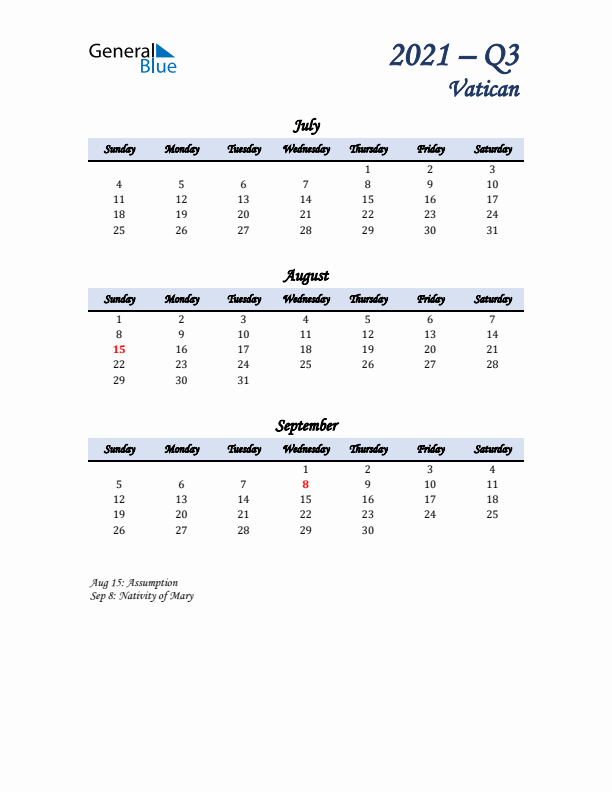 July, August, and September Calendar for Vatican with Sunday Start