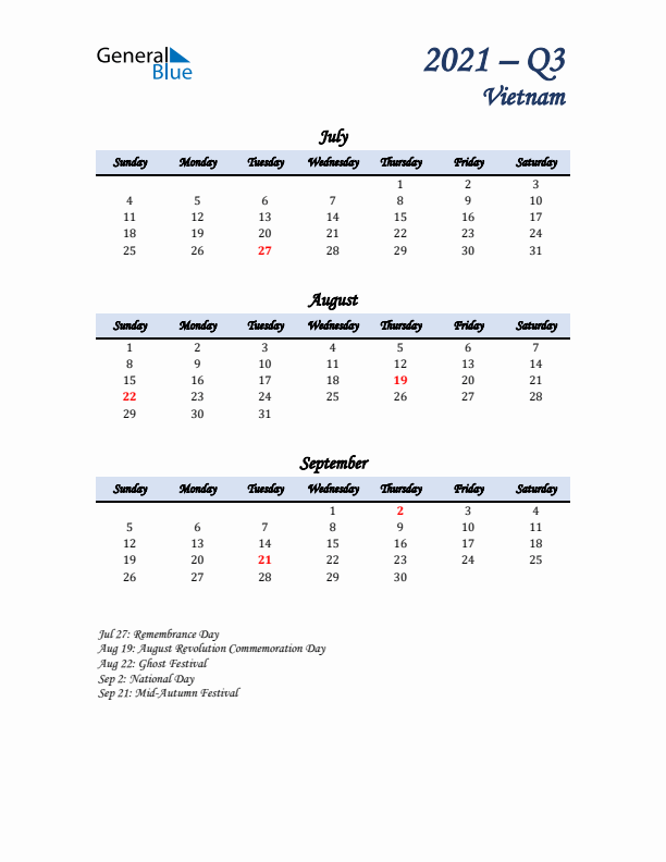 July, August, and September Calendar for Vietnam with Sunday Start