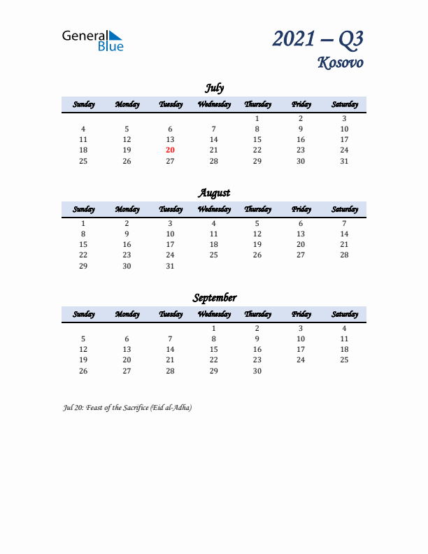 July, August, and September Calendar for Kosovo with Sunday Start