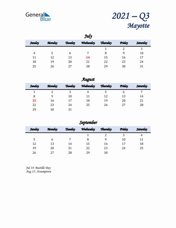 July, August, and September Calendar for Mayotte with Sunday Start