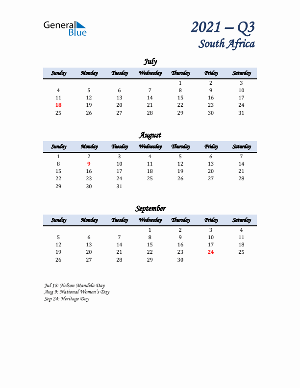 July, August, and September Calendar for South Africa with Sunday Start