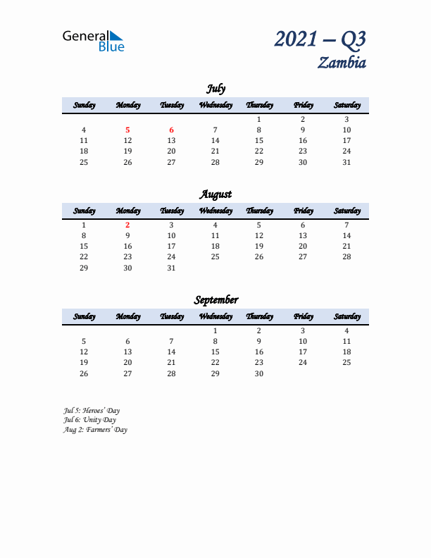 July, August, and September Calendar for Zambia with Sunday Start