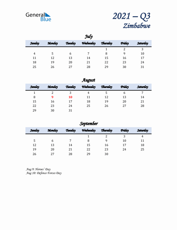 July, August, and September Calendar for Zimbabwe with Sunday Start