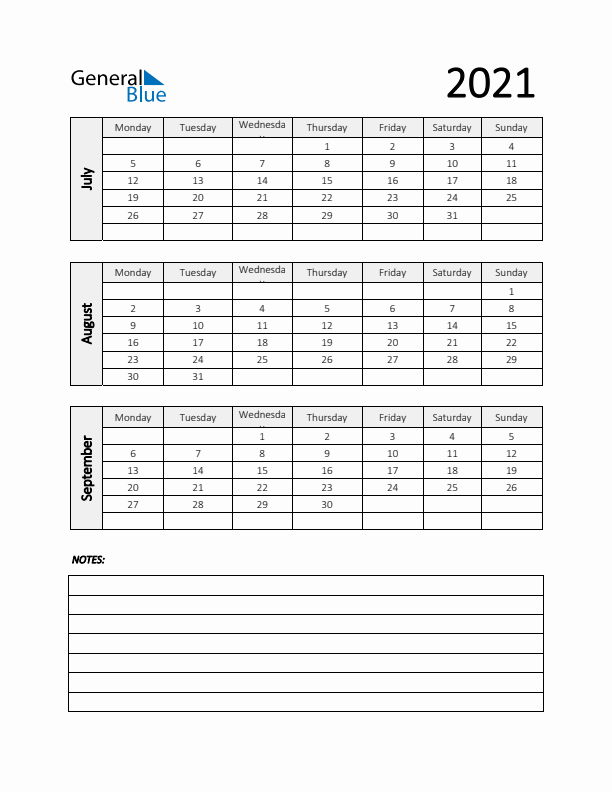 Q3 2021 Calendar with Notes