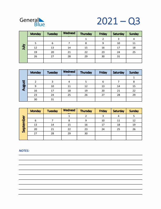 Three-Month Planner for Q3 2021