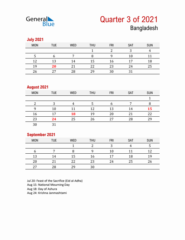 Printable Three Month Calendar with Bangladesh Holidays