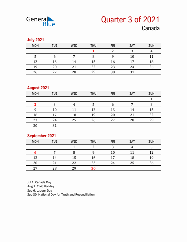 Printable Three Month Calendar with Canada Holidays