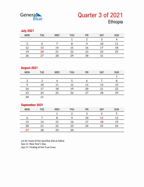 Printable Three Month Calendar with Ethiopia Holidays