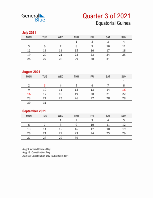 Printable Three Month Calendar with Equatorial Guinea Holidays