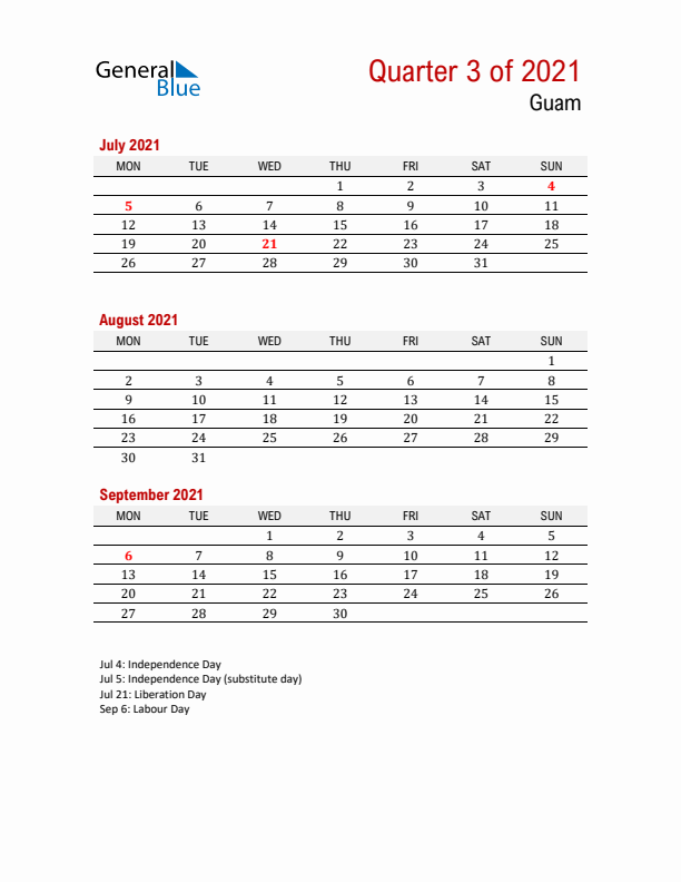 Printable Three Month Calendar with Guam Holidays