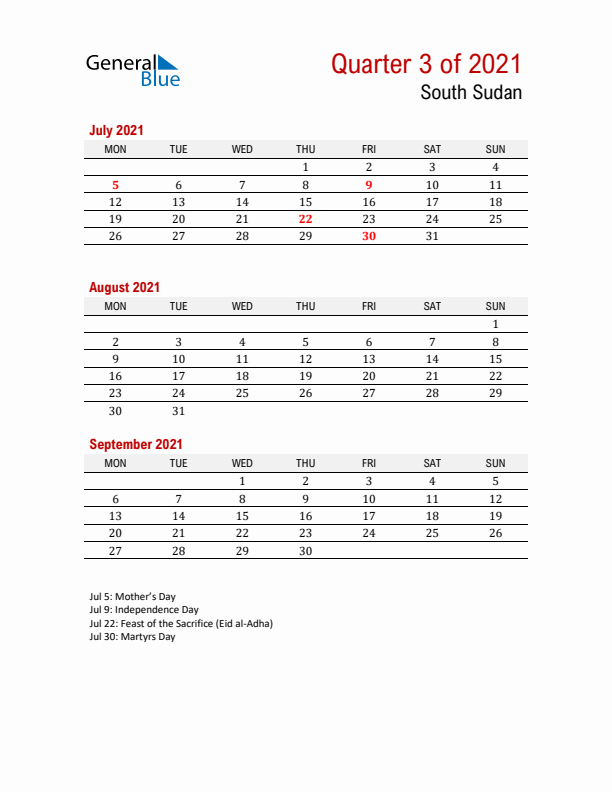 Printable Three Month Calendar with South Sudan Holidays