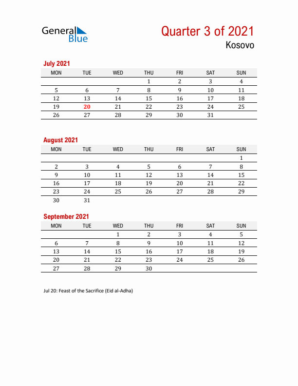 Printable Three Month Calendar with Kosovo Holidays