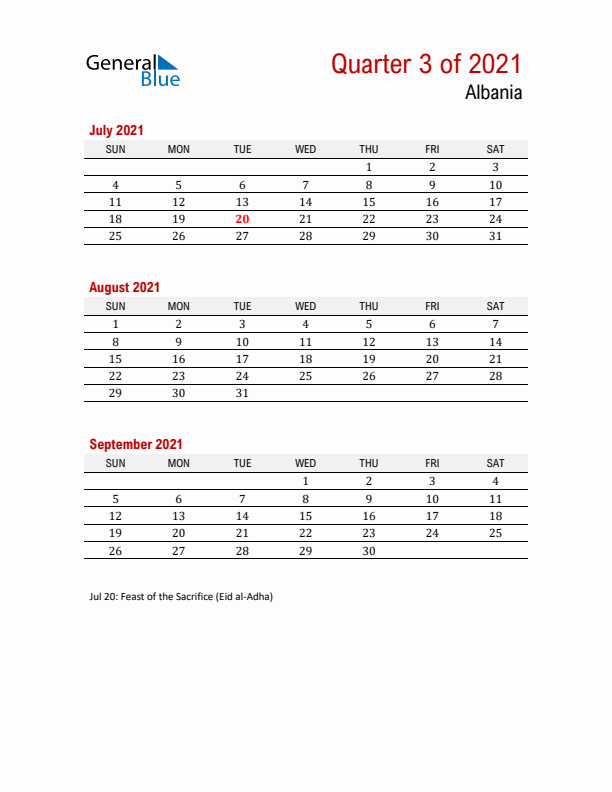 Printable Three Month Calendar with Albania Holidays