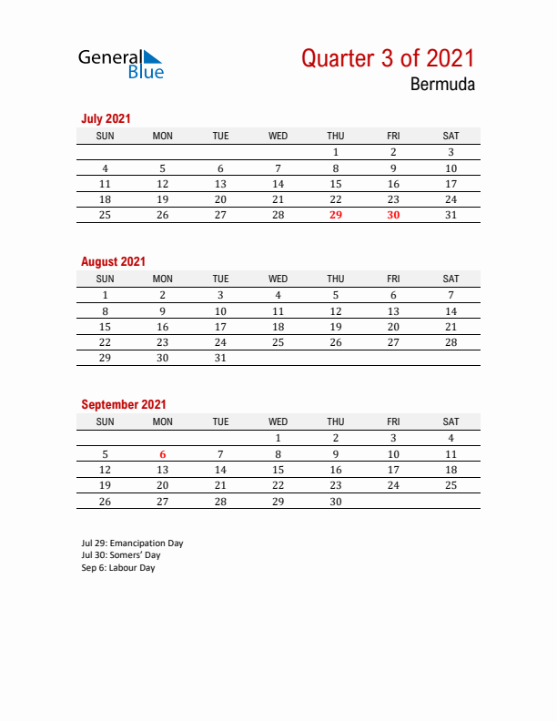 Printable Three Month Calendar with Bermuda Holidays