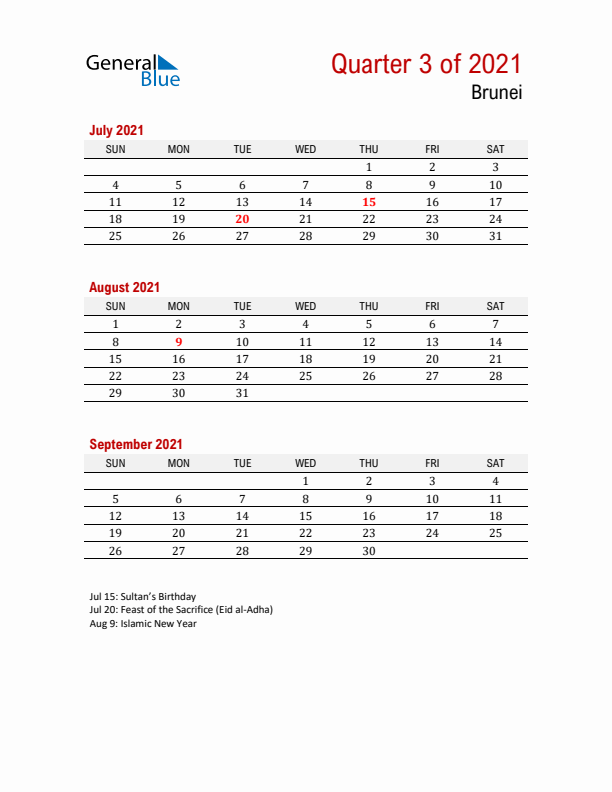 Printable Three Month Calendar with Brunei Holidays