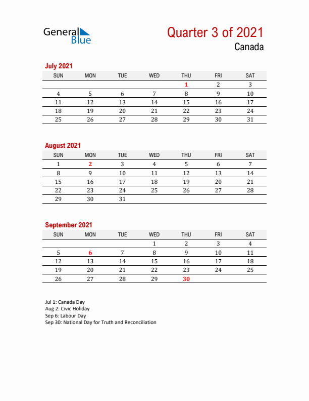 Printable Three Month Calendar with Canada Holidays