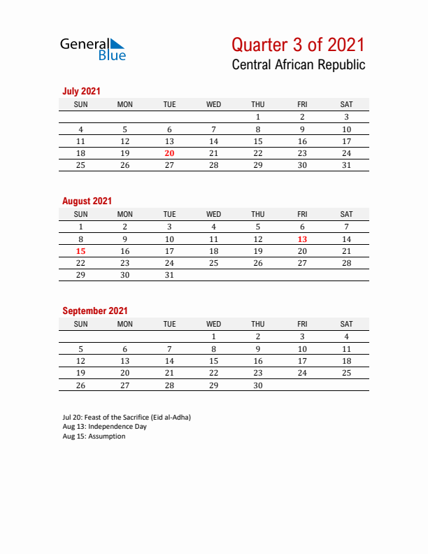 Printable Three Month Calendar with Central African Republic Holidays