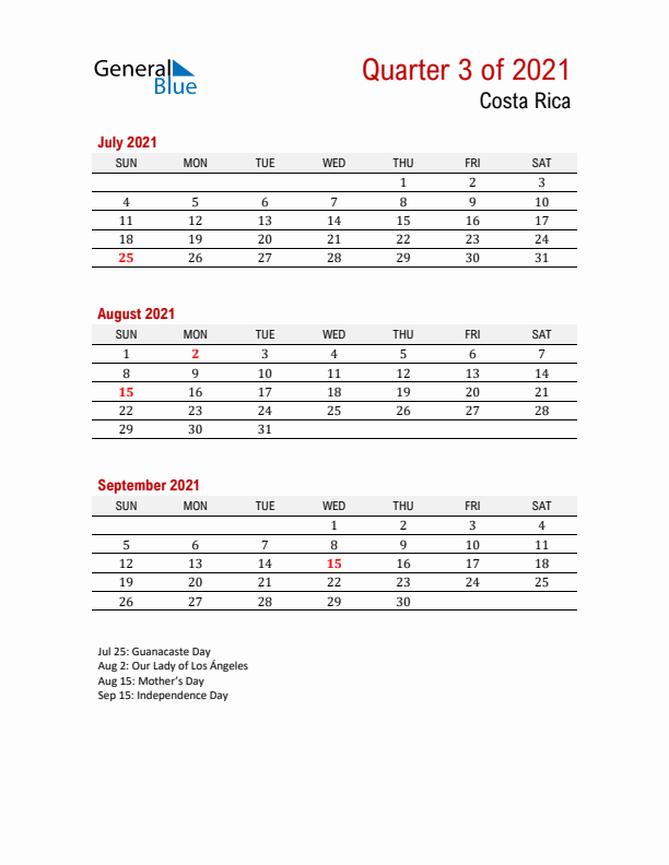 Printable Three Month Calendar with Costa Rica Holidays