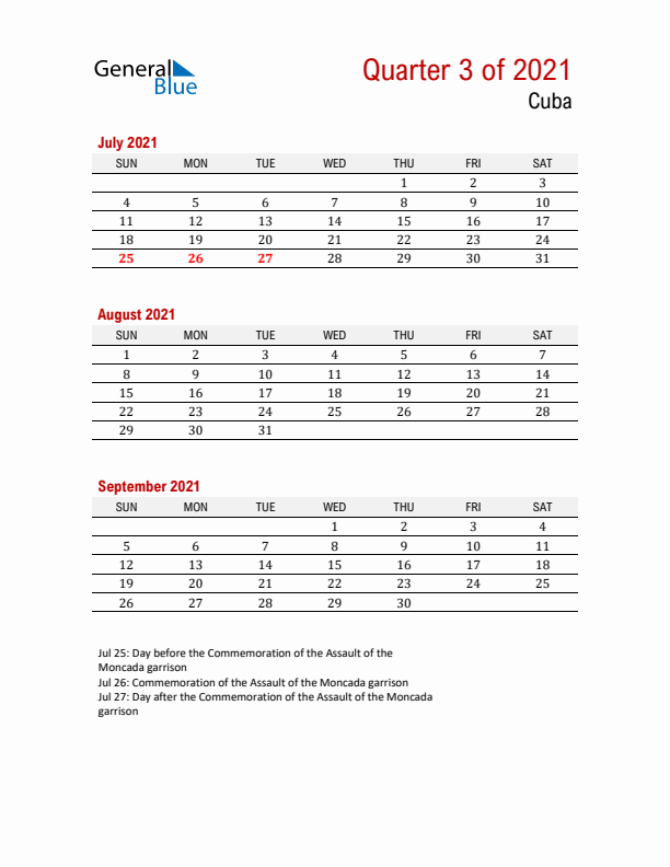 Printable Three Month Calendar with Cuba Holidays