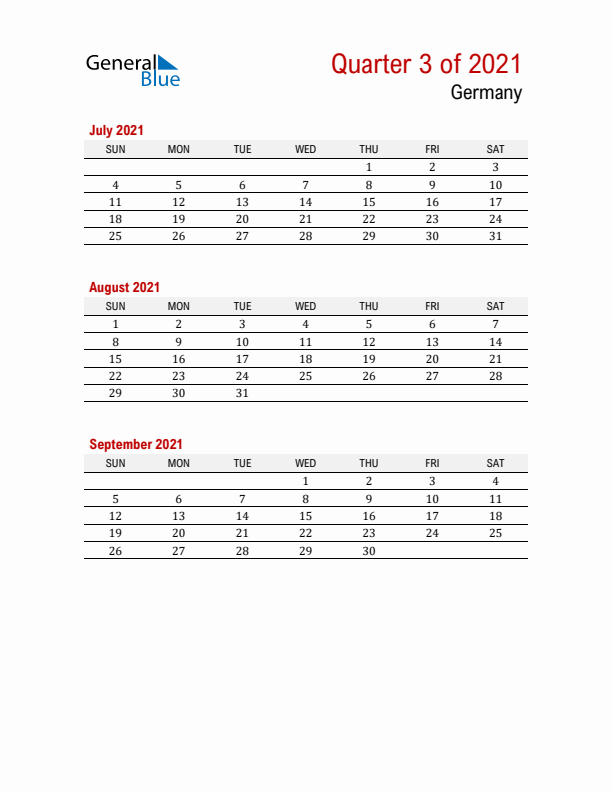 Printable Three Month Calendar with Germany Holidays