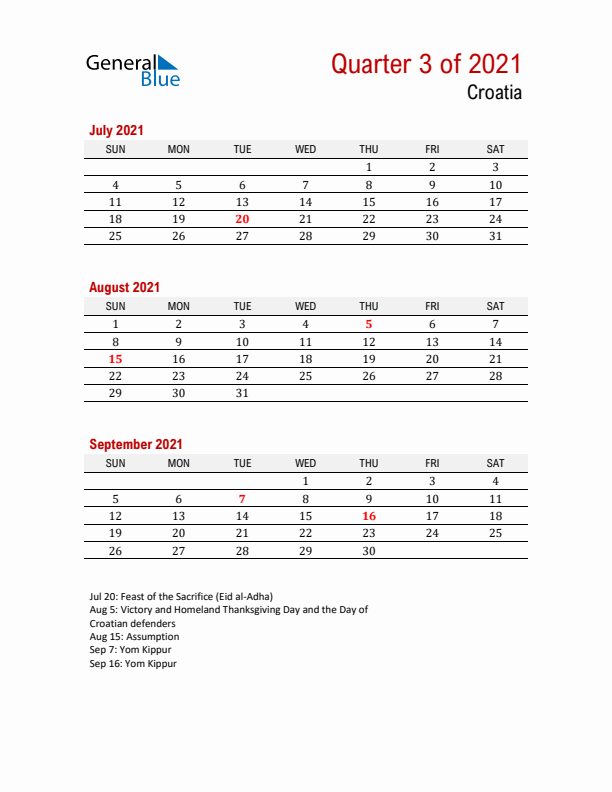 Printable Three Month Calendar with Croatia Holidays