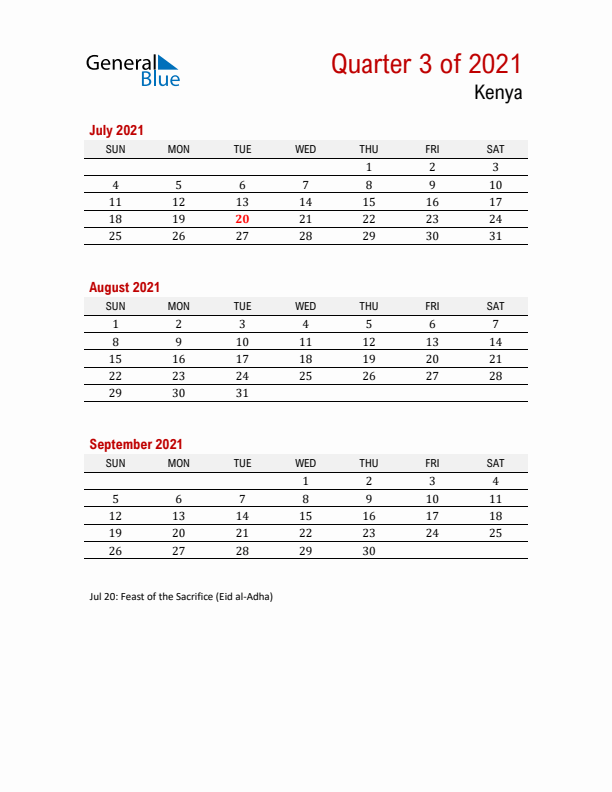 Printable Three Month Calendar with Kenya Holidays