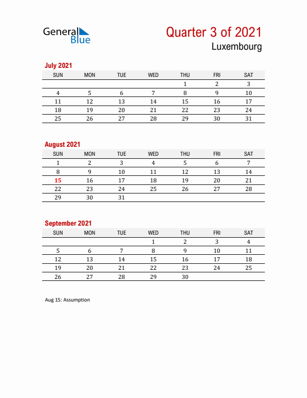 Printable Three Month Calendar with Luxembourg Holidays