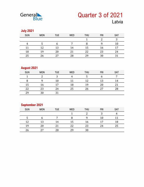 Printable Three Month Calendar with Latvia Holidays