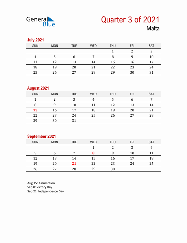 Printable Three Month Calendar with Malta Holidays