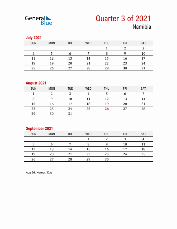 Printable Three Month Calendar with Namibia Holidays