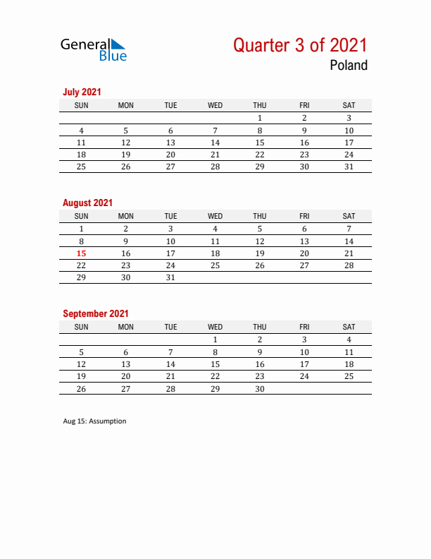 Printable Three Month Calendar with Poland Holidays