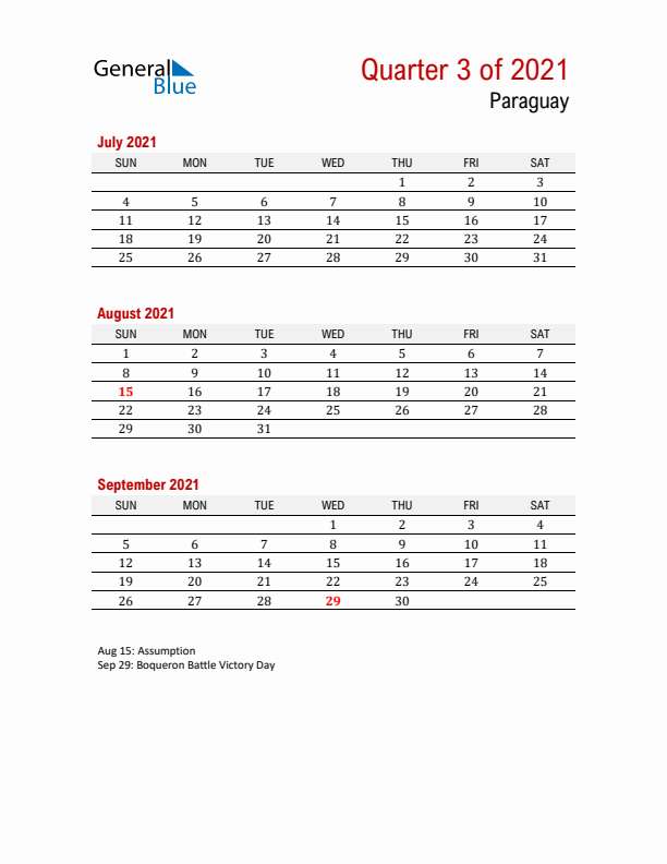 Printable Three Month Calendar with Paraguay Holidays