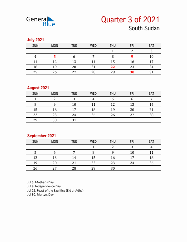 Printable Three Month Calendar with South Sudan Holidays