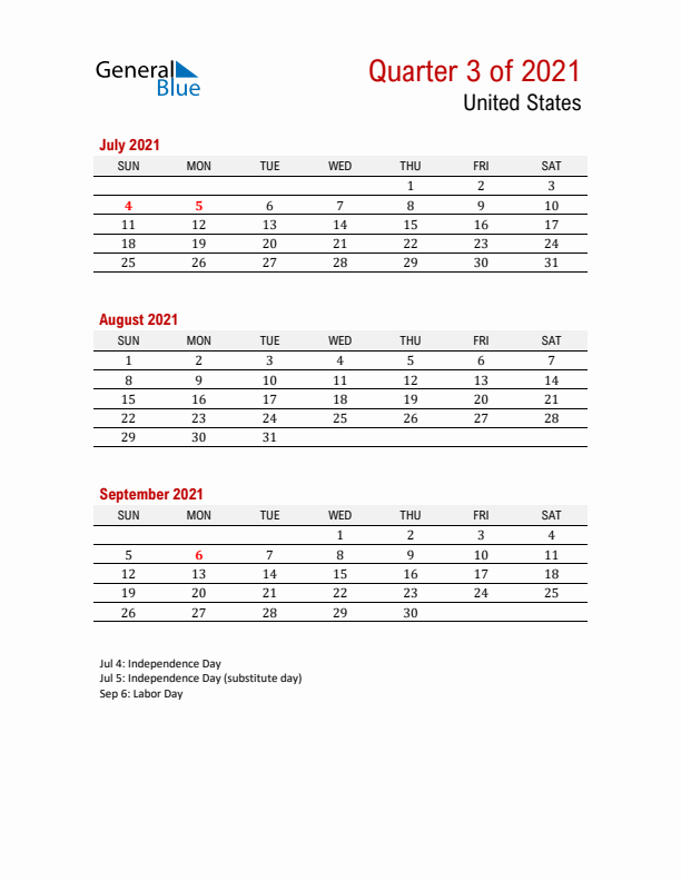 Printable Three Month Calendar with United States Holidays