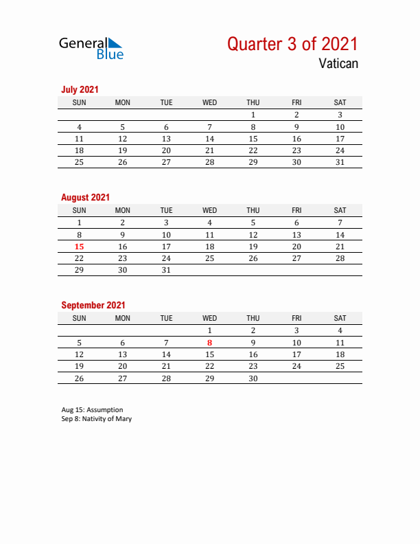 Printable Three Month Calendar with Vatican Holidays