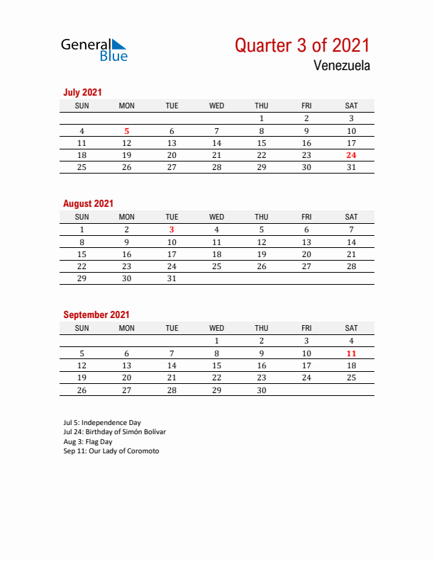 Printable Three Month Calendar with Venezuela Holidays