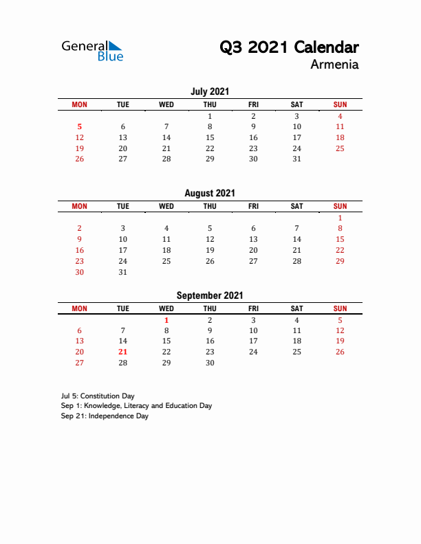 2021 Q3 Calendar with Holidays List for Armenia