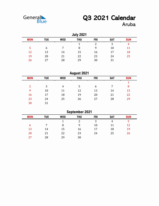 2021 Q3 Calendar with Holidays List for Aruba