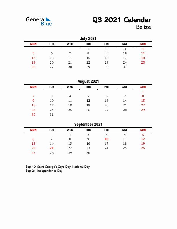 2021 Q3 Calendar with Holidays List for Belize