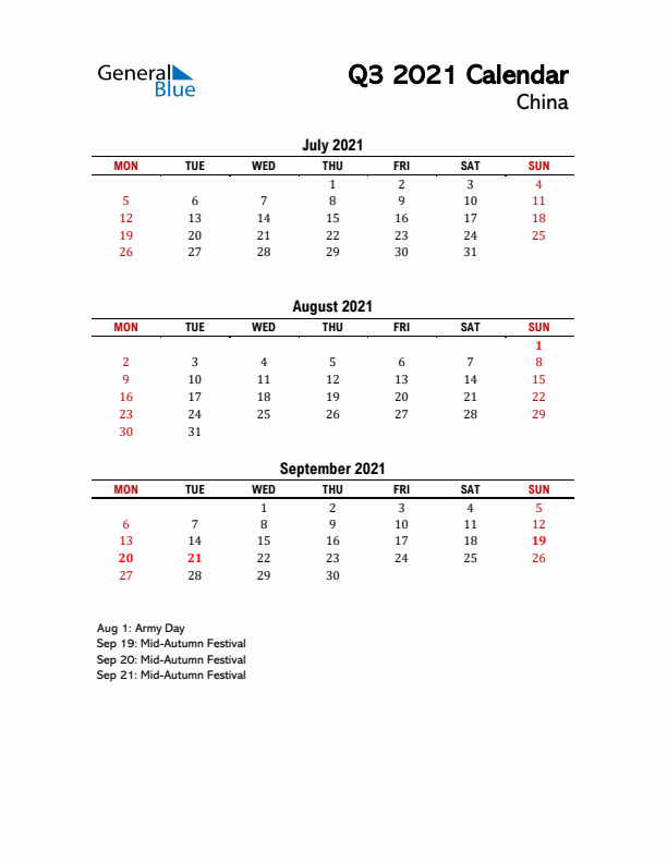 2021 Q3 Calendar with Holidays List for China