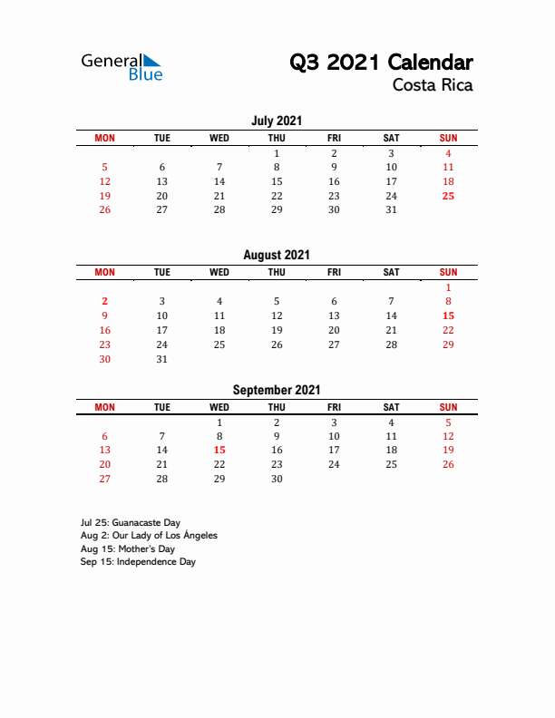 2021 Q3 Calendar with Holidays List for Costa Rica