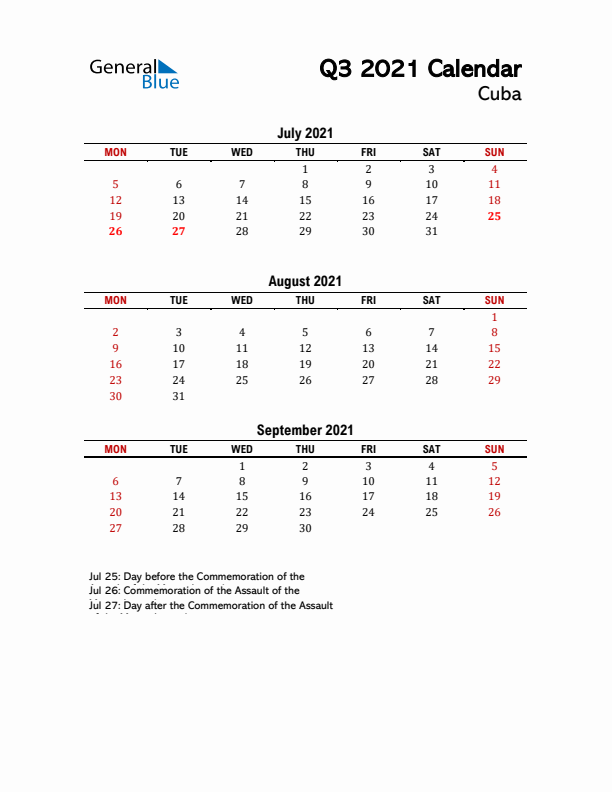 2021 Q3 Calendar with Holidays List for Cuba