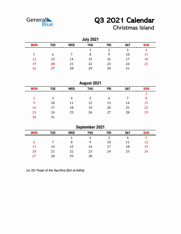 2021 Q3 Calendar with Holidays List for Christmas Island