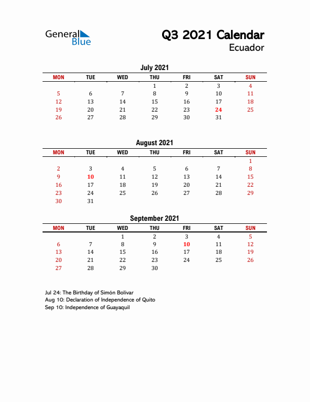 2021 Q3 Calendar with Holidays List for Ecuador