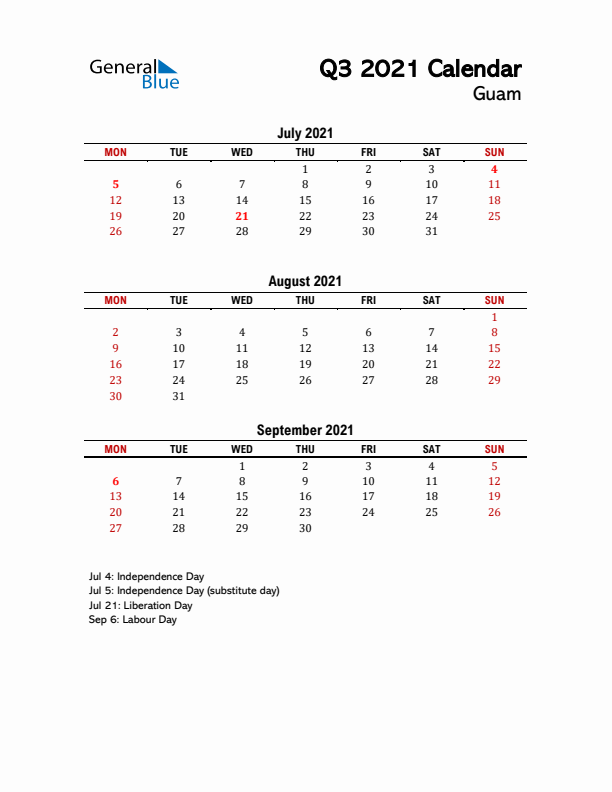 2021 Q3 Calendar with Holidays List for Guam