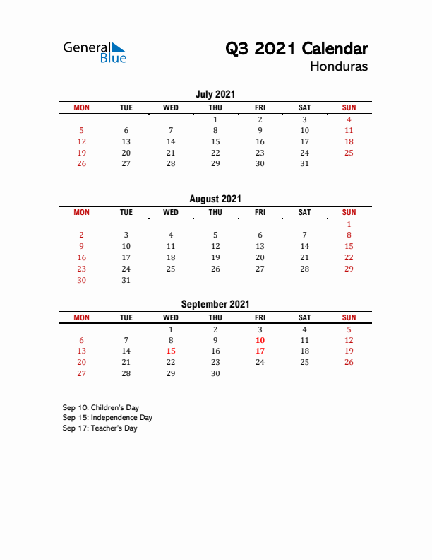 2021 Q3 Calendar with Holidays List for Honduras