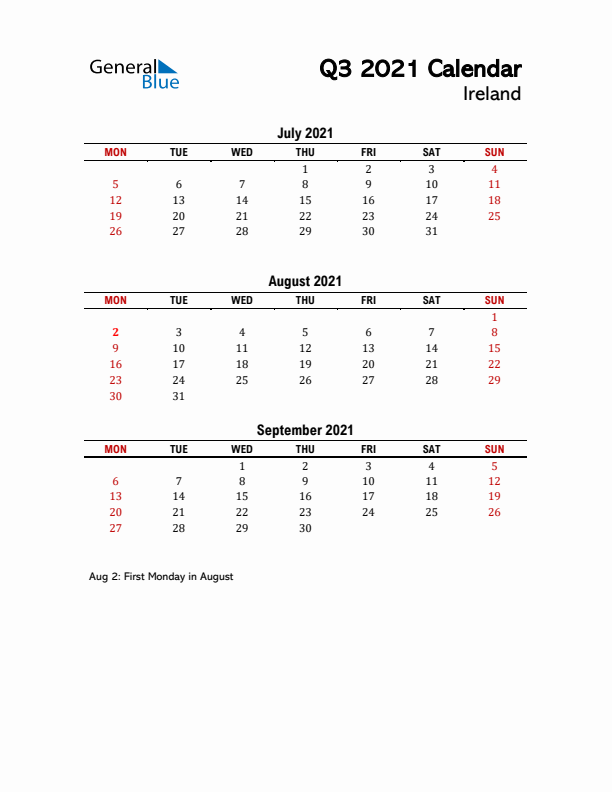 2021 Q3 Calendar with Holidays List for Ireland