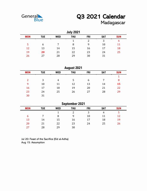 2021 Q3 Calendar with Holidays List for Madagascar