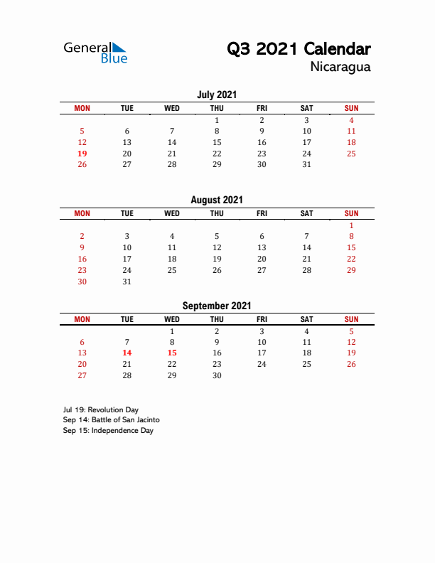 2021 Q3 Calendar with Holidays List for Nicaragua