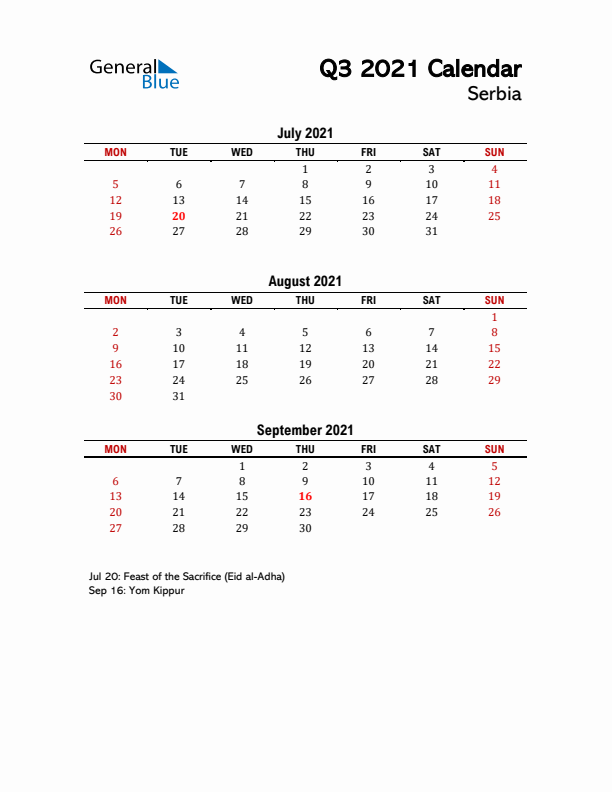 2021 Q3 Calendar with Holidays List for Serbia